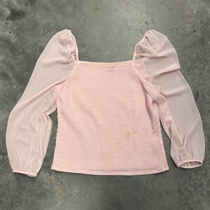 Halogen Blush Pink Smocked Blouse Size 1X Sheer Sleeve Top Women